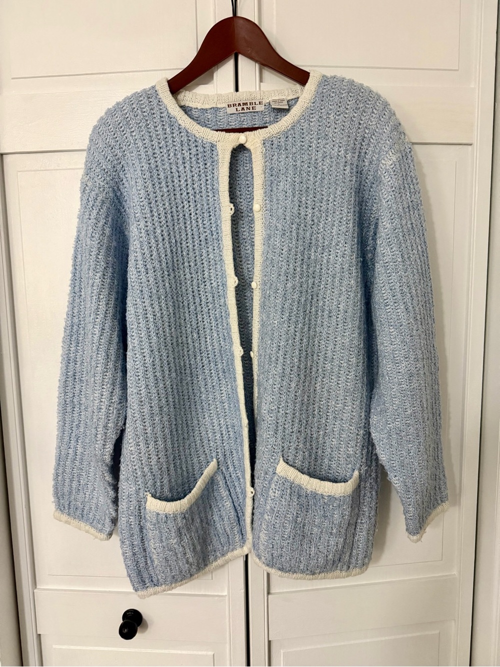 Women's Light Blue Cozy Knit Cardigan with Cream Trim
